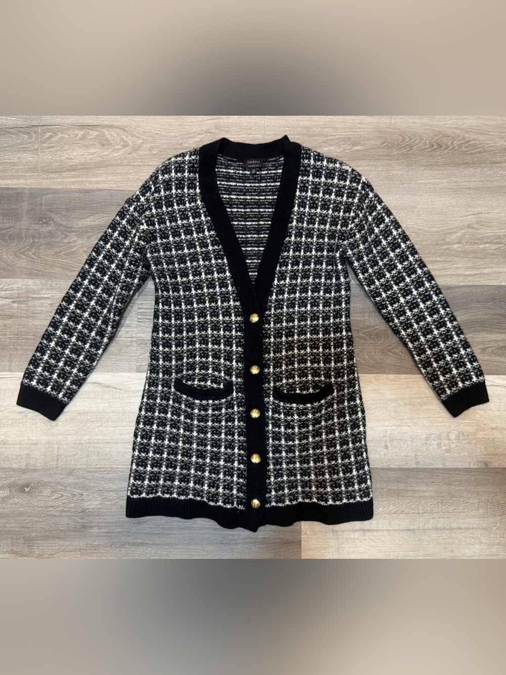 Talbots Black & White Tweed Long Cardigan Merino Wool Sweater with Gold Buttons - Picture 2 of 9